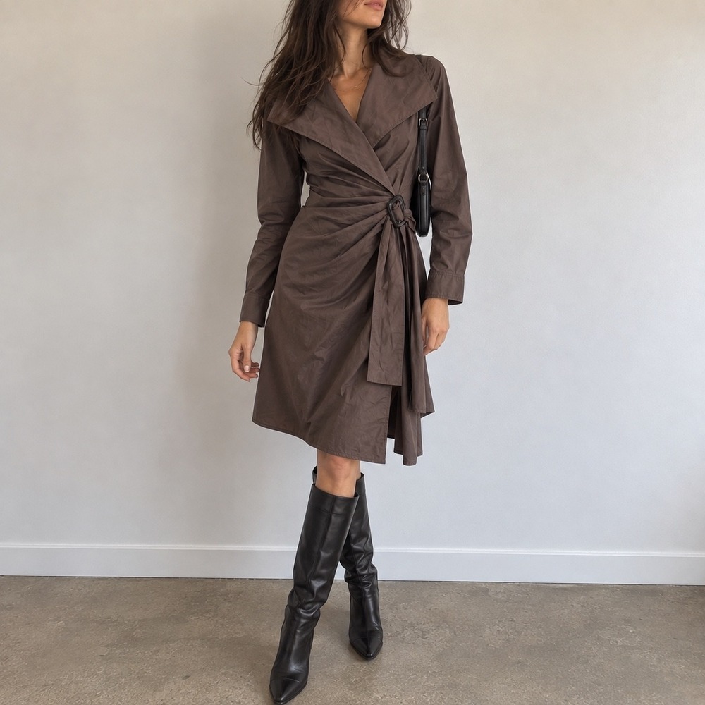 Max Mara Brown Wrap Dress Buckle Detail Size 8 Quiet Luxury Minimalist